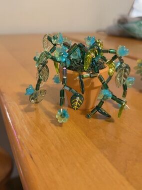 Beaded Mini Flower Pot Decor in teal and Green